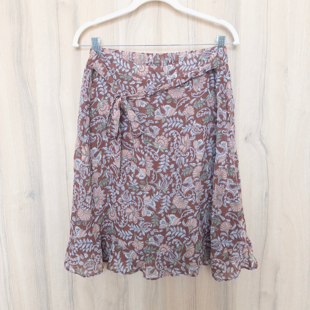 Anthropologie Luca Skirt Sz L Brown Floral Paisley Ruffle Tie Waist Cottage Boho
